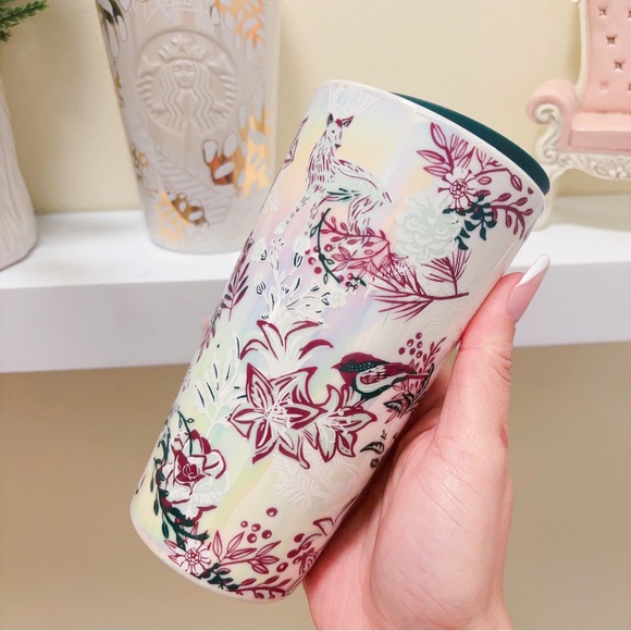 STARBUCKS Holiday 2020& 2021 NWT Ceramic Gold Pine Cone Tumbler Travel Mug 12oz - Picture 9 of 12